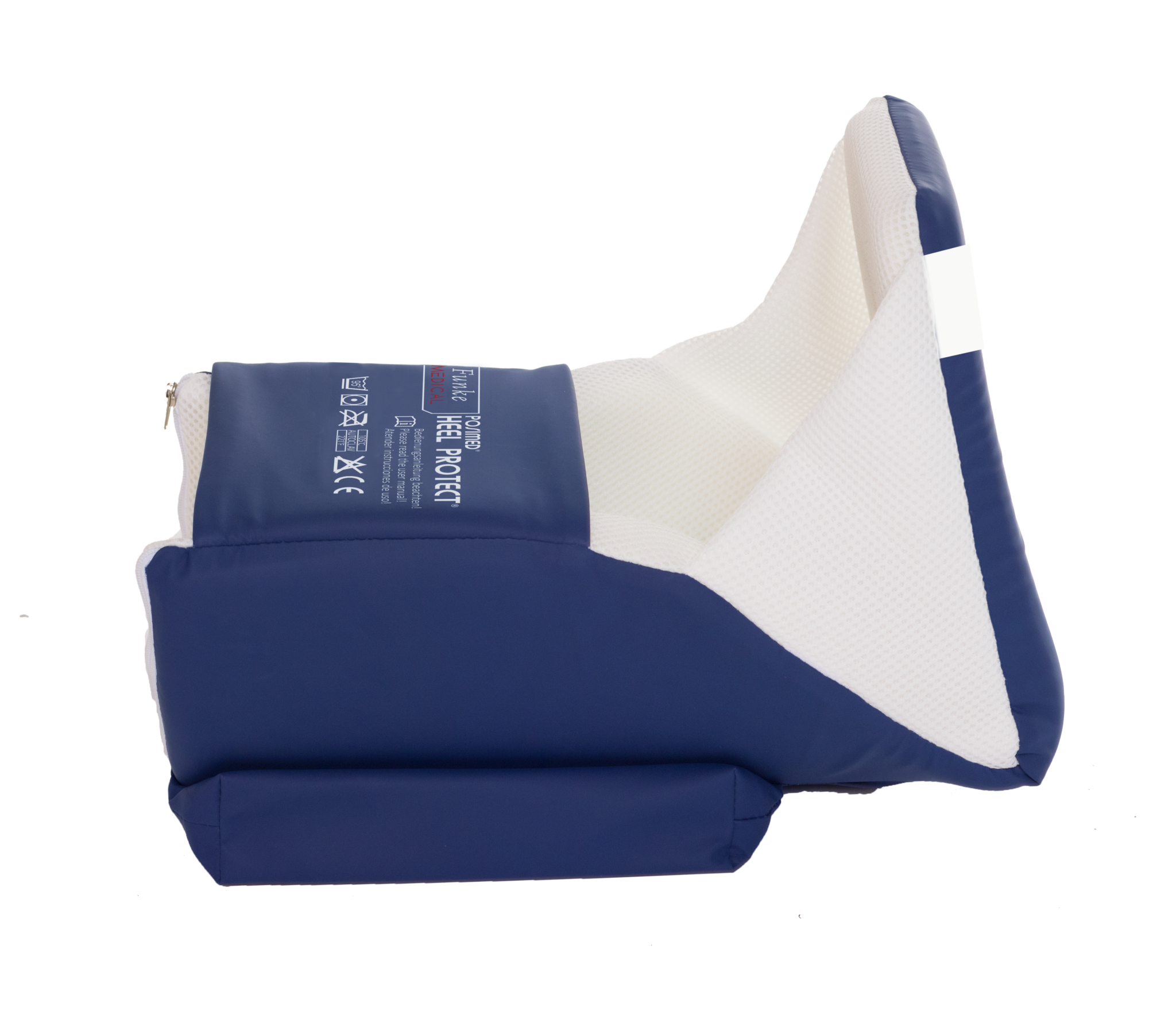 Das Bild zeigt eine orthopädische Fersenschutz-Manschette in Dunkelblau, die vor einem schwarzen Hintergrund freigestellt ist. Die Innenseite ist mit einem weichen, weißen Mesh-Material ausgekleidet und so geformt, dass sie den Fuß bequem umschließt und die Ferse druckfrei lagert. Das funktionale Design verfügt über einen Klettverschluss und eine stabile Polsterung zur Unterstützung des Gelenks.