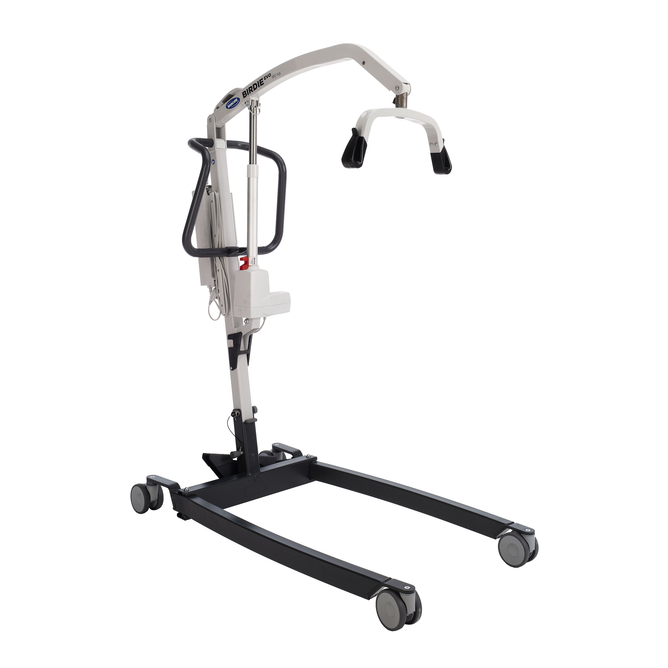 Ein fahrbarer elektrischer Patientenlifter mit einem stabilen, dunkelgrauen Untergestell auf vier Rollen und einer hellgrauen Hubsäule. Das Gerät verfügt über einen geschwungenen Hubarm mit einer Zwei-Punkt-Aufhängung für Hebetücher sowie ergonomische Schiebegriffe und eine zentrale Steuereinheit. Er dient dem sicheren und rückenschonenden Transfer von Personen mit eingeschränkter Mobilität.