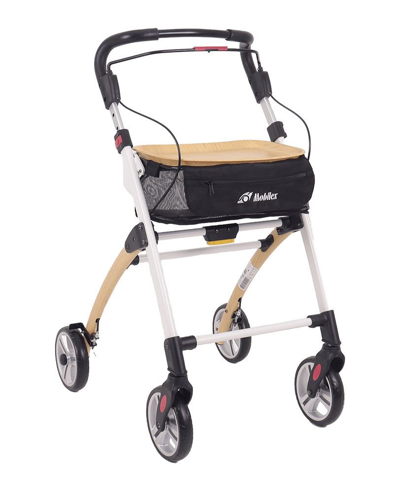 Ein moderner Rollator mit einem auffälligen, hellblauen Metallrahmen steht vor einem neutralen weißen Hintergrund. Er ist mit vier schwarzen Rädern, ergonomischen Handgriffen und einer durchgehenden Bremsstange ausgestattet. Im oberen Bereich befinden sich ein abnehmbares schwarzes Tablett sowie eine darunterliegende Netztasche mit blauem Textilrand für den Transport von Alltagsgegenständen. Die Konstruktion wirkt stabil und ist speziell für die Unterstützung der Mobilität im Innen- und Außenbereich gestaltet.