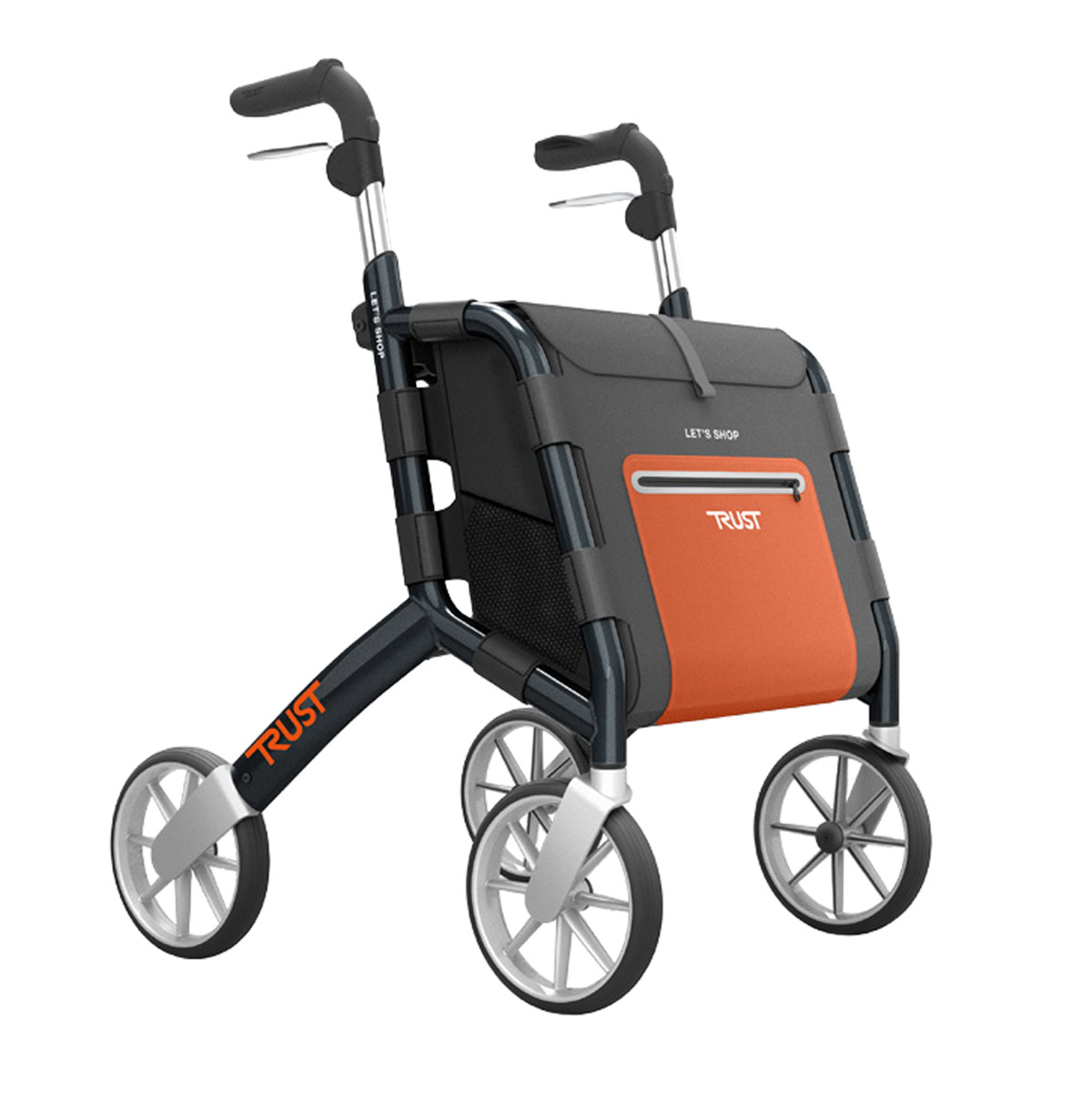 Ein vierrädriger Rollator in dunklem, metallischem Grau mit silbernen Speichenrädern und einer großen integrierten Einkaufstasche auf weißem Hintergrund. Die Tasche ist schwarz-grau mit einer auffälligen orangenen Fronttasche, die das weiße "TRUST"-Logo trägt. Oberhalb der Fronttasche steht der Text "LET'S SHOP". Die schwarzen Griffe sind ergonomisch geformt und verfügen über Bremshebel, während am seitlichen Rahmen ein vertikales oranges "TRUST"-Logo angebracht ist.