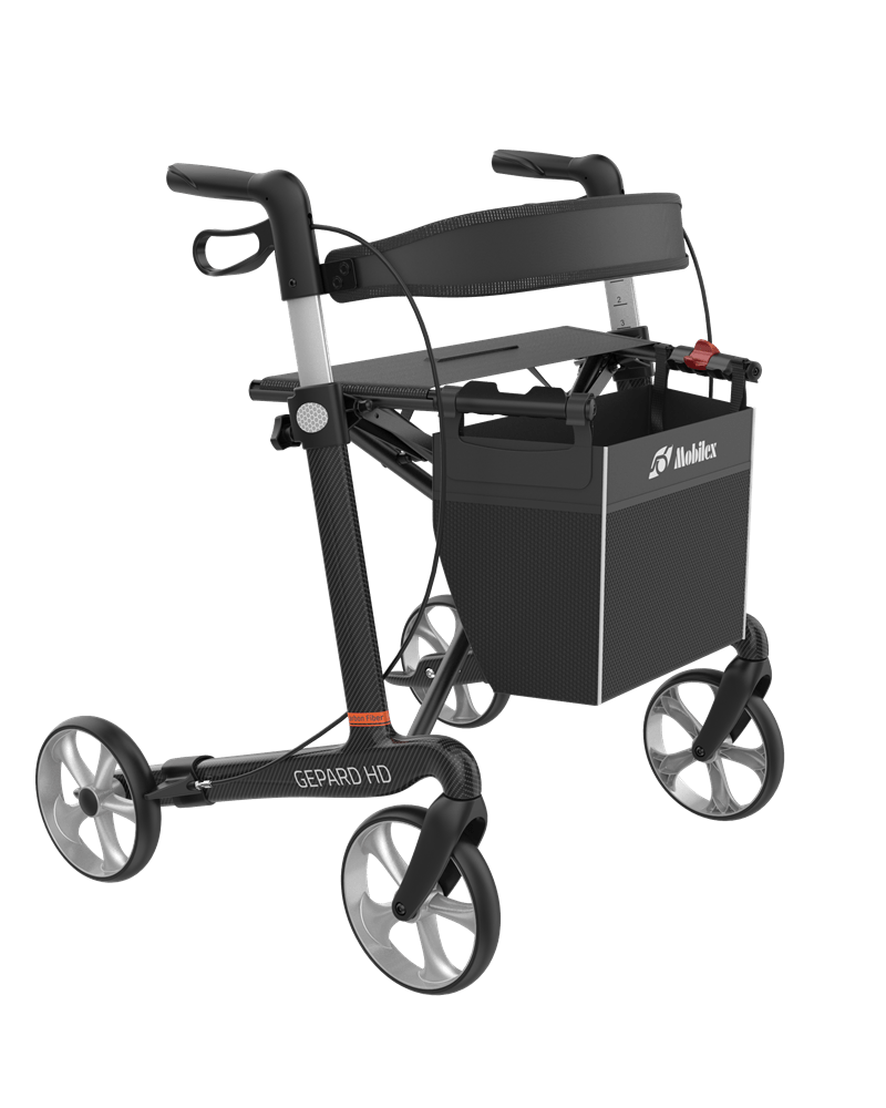 Der Rollator Gepard HD hat einen schwarzen Rahmen aus Carbon und weiteren Teilen aus Aluminium. Er hat ein Kreuzgelenk zum Zusammenfalten. Insgesamt ist die Struktur sehr leicht, bietet aber eine hohe Stabilität, gekoppelt mit einer extremen Leichtgängigkeit. Die großen und leichtgängigen 8