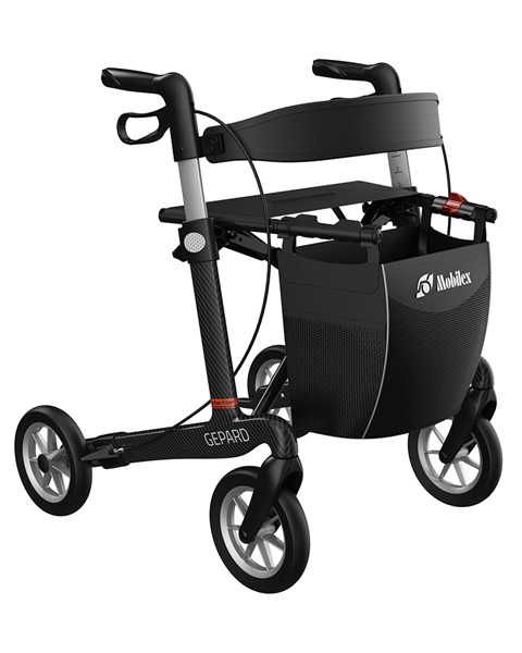 Mobilex Gepard Rollator aus Carbon mit schwarzer Tasche, Sitz und Rückengurt.