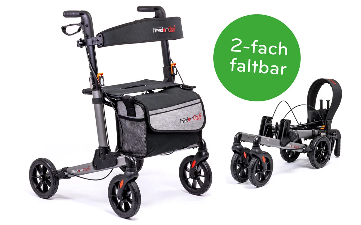 Ein moderner, dunkelblauer Leichtgewichtrollator mit vier schwarzen Rädern und ergonomischen Handgriffen in Kork-Optik. Er verfügt über eine schwarze Sitzeinheit sowie eine vorne angebrachte Tasche mit braunem Deckel. Das Design ist funktional und stabil auf einem rein weißen Hintergrund freigestellt.